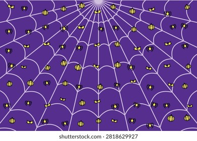Close-up of a purple spider web with dew drops. Intricate web structure with morning light reflection.