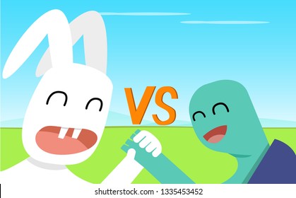 Closeup Rabbit And Turtle Shake Hands, Vector Art