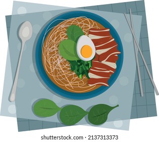Cierre de ramen con huevo, tocino, hierbas y espinacas con cuchara y palillos en tonos turquesa servilletas de cocina
