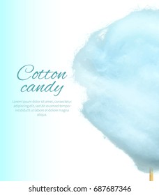 Closeup realistic blue cotton sweet candy on stick vector colorful illustration isolated on white with place for text. Banner with fairy candies floss