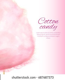 Closeup realistic pink cotton sweet candy on stick vector colorful illustration isolated on white with place for text. Banner with fairy candies floss