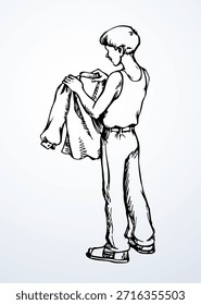 Vista trasera de cerca lindo delgado chico alto Pequeño cabello pensar trabajo cuidado pick fold jeans ver mancha limpia tratar de lavar de moda ordenado espacio de texto de algodón blanco. Esquema de tinta negra dibujado a mano pequeña figura del cuerpo de la pupila logotipo de la tienda icono retro línea arte estilo doodl
