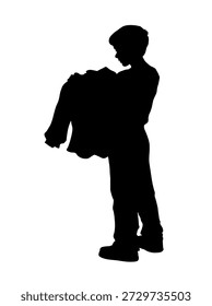 Vista trasera en primer plano lindo delgado alto chico Pequeño cabello pensar trabajo trabajo cuidado recoger pliegue jeans ver mancha limpia tratar de lavar de moda ordenado espacio de texto de algodón blanco. Esquema de tinta negra dibujado a mano pequeña figura del cuerpo de la pupila tienda logo signo icono retro línea arte doodl estilo