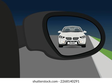 Close-up of the rear wing mirror. Back view. Check your mirrors and blind spot before change lanes. Flat vector illustration template.