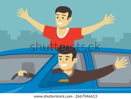 Close-up of reckless passenger hanging out of sunroof and driver sticks his hand out of the moving vehicle window. Flat vector illustration template.