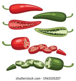 Closeup red, green chilly pepper vector slice set. Hot red chili peppers, mexican chilli isolated on white background.