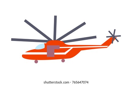 Closeup red helicopter isolated on white vector illustration in graphic design. Fast mean of transportation for travelling by air.