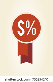 Closeup of red label with dollar and percent symbols inside of its circle, ribbon hanging behind, vector illustration isolated on white background