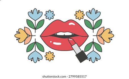 Close-up of red lips applying lipstick framed by symmetrical floral elements and stylized flowers for a vibrant beauty and makeup concept.