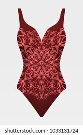 Closeup of red one piece swimsuit with mandala print vector illustration.