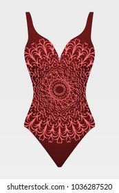 Closeup of red one piece swimsuit with mandala print vector illustration.