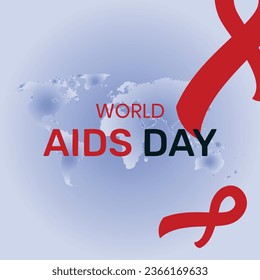 Closeup red ribbon HIV, world AIDS day awareness ribbon and the text on red background. Healthcare and medicine concept.