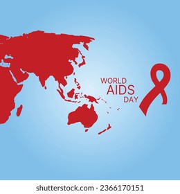 Closeup red ribbon HIV, world AIDS day awareness ribbon and the text on red background. Healthcare and medicine concept.