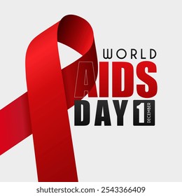 Primer plano de la cinta roja, cinta de la concienciación del Día Mundial del SIDA y texto en el fondo blanco