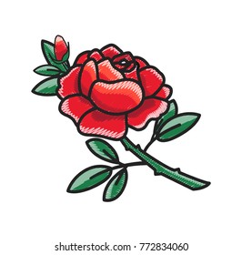 Closeup of red rose that is depicted with all details, petals and thorns, small bud, vector illustration isolated on white background handdrawn doodle