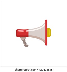 Closeup of red and white electric megaphone isolated vector illustration. Icon of portable funnel-shaped device used for amplifying human voice