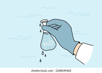 Closeup of researcher hand in glove holding tube with water sample for analysis or diagnostic. Scientist take aqua for analyzing in laboratory. Microbiology and science. Vector illustration. 