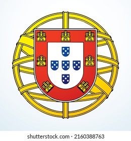 Closeup retro red yellow color world town heraldic land city fort pride labor day war unity round shape view white text space. Line drawn web art circle fortress tower liberty unit logo label seal set