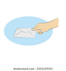 cerrar la mano derecha con sobre en blanco en la ilustración del espacio azul vectorial dibujado a mano aislada en fondo blanco 