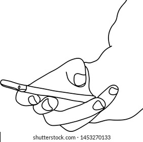 close-up right hand holding mobile phone vector illustration sketch doodle hand drawn with black lines isolated on white background