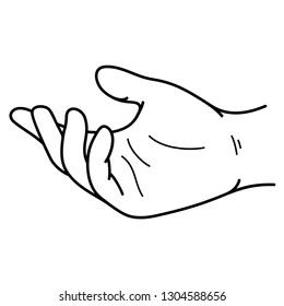 Close-up of right hand, palm up. Vector outline icon isolated on white background.