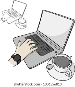 close-up right hand using laptop computer with coffee cup vector illustration sketch doodle hand drawn with black lines isolated on white background