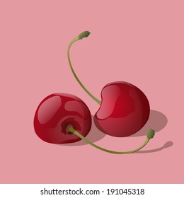 Closeup ripe red cherry berries isolated on light background. Vector Illustration.