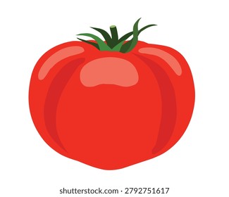 Close-up of a ripe, shiny red tomato with green stem on a clean white surface.