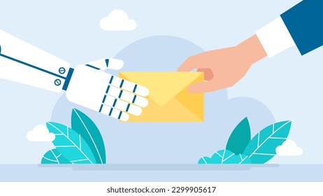 Cierre de la mano robot, hombre, correo. Robot entregando correo al cliente. Correo electrónico enviado por AI. Hombre que recibe el paquete de diseño de estilo plano de mensajería de bot. El concepto de tecnologías robóticas más reciente. Ilustración del vector