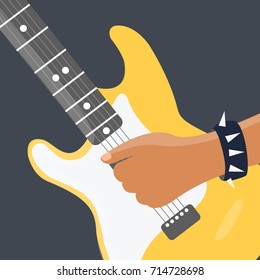 closeup Rock cartoon & rocker musicians hand isolated vector playing on yellow Electric Guitar during live show concert On stage. play rock & roll flat design concept & creative print cool instrument