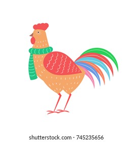 Closeup of rooster with feathers of different colors and green scarf, image of cock on vector illustration isolated on white background