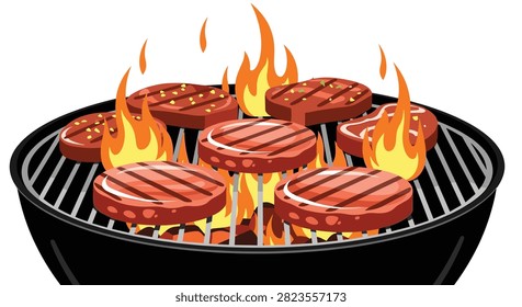 Close-up of round charcoal grill with thick beef steaks and burgers cooking over bright orange flames and hot coals for summer barbecue food preparation.