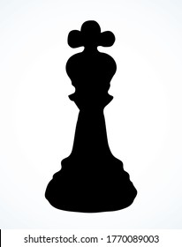 Closeup royal crown rank on check board paper backdrop text space. Dark line ink pen hand drawn chessmen mate shot render winner think toy element logo emblem design in retro art doodle cartoon style