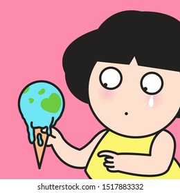 Closeup Sad Girl Looking At Melting Earth Shaped Icecream With Heart Land Inside. Earthday Concept Card Character illustration