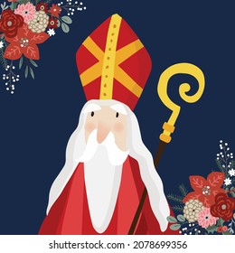 Closeup of Saint Nicholas. Decorative floral corners, garlands with poinsettia. European winter tradition. Christmas greeting card. Flat cartoon design, vector illustration, blue religious backround.