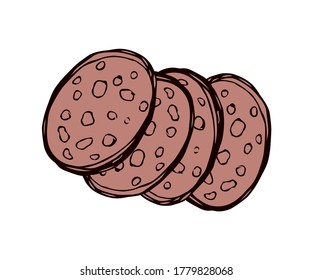 Closeup salt red butcher pig cervelat kielbasa bratwurst in brown wrap on white picnic backdrop. Bright pink color hand drawn fresh butchery shop menu emblem logo sign in retro doodle style text space