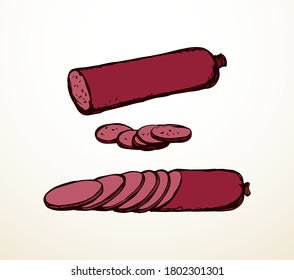 Closeup salt red butcher pig cervelat kielbasa bratwurst in brown wrap on white picnic text space backdrop. Bright pink color hand drawn fresh butchery shop menu emblem logo sign in retro doodle style