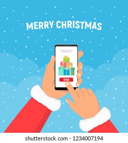 Close-up of santa claus hands holds phone with gifts boxes on screen. Christmas presents. Concept of sending christmas gifts. Vector illustration in flat style.