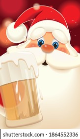 Close-up Santa Claus toasted with beer mug isolated on a red sparkle background,vector illustration for Christmas greeting