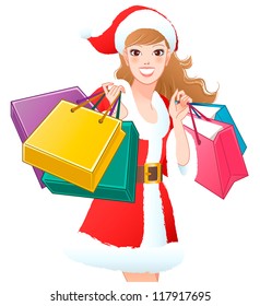 Close-up Santa Girl shopping Christmas gifts. Cropped. White background. Vector.Blend tool, Clipping mask is used in this EPS file.