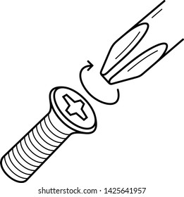 Close-up of screwdriver and screw.  Vector outline icon isolated on white background.