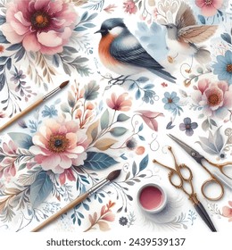A close-up of a seamless watercolor pattern of pink and purple flowers with green leaves including birds, brushes, scissors, paint