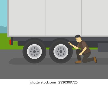 Close-up of semi-trailer driver checking the tires. Maintain and inspect tires. Flat vector illustration template.