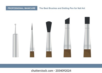 Close-Up Set of Best Nail Art Brushes and Dotting Pen on White Background. Top View. Professional Manicure and Pedicure Care Tools. Vector Illustration