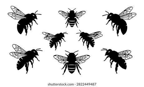 A close-up of seven bees showcasing detailed wings, bodies, and antennae, highlighting their natural features and behaviors in a realistic style.