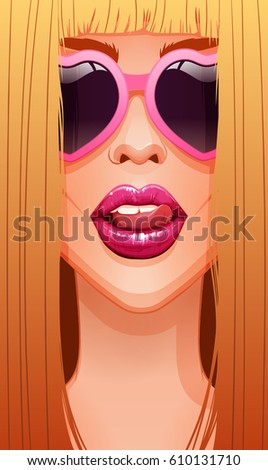 Close-up of sexy blonde woman's face in glasses licking her beautiful pink lips. Vector Illustration