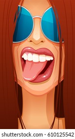 Close-up of sexy redhead woman's face in glasses sticking her tongue out Vector Illustration