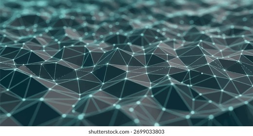 Um close-up, profundidade rasa de campo filmado de uma rede abstrata de pontos e linhas interconectados, criando um fundo futurista e tecnológico.