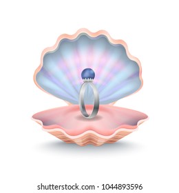 Closeup of shell and ring inside of it, romantic way to make proposal to lady of your heart, vector illustration isolated on white