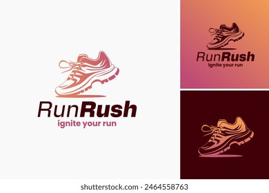 Closeup of a shoe with a Run Rush logo, perfect for fitness themed designs, sportswear advertisements, or athletic event promotions.